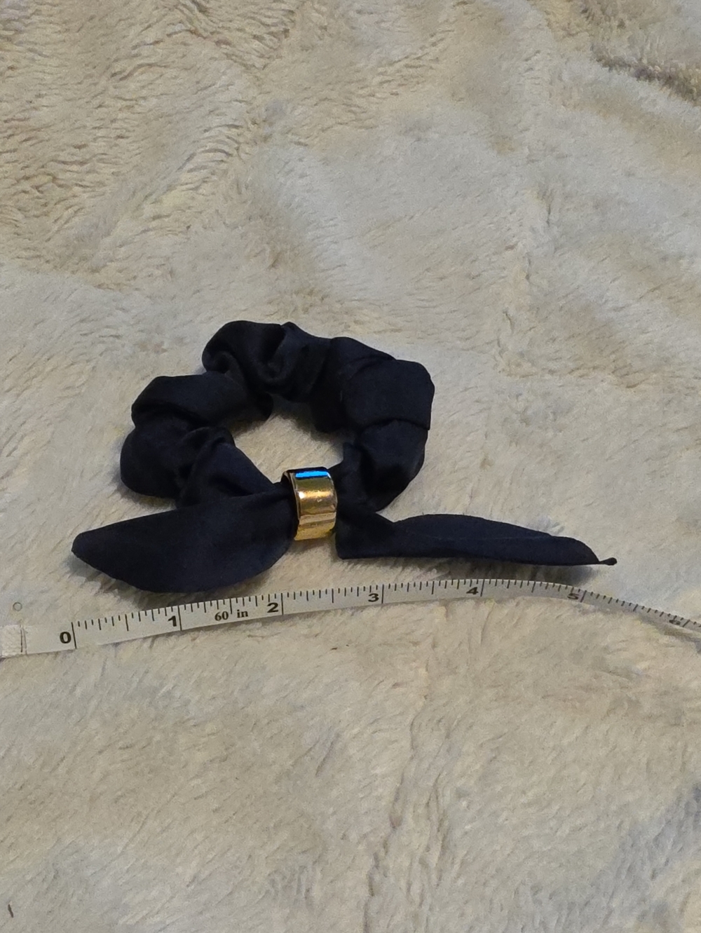 Navy Satin Bow Scrunchie with Gold Accent